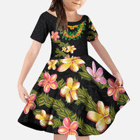 Hawaiian Lei Plumeria and Tropical Leaves Family Matching Mermaid Dress and Hawaiian Shirt Watercolor Style LT03 Daughter's Dress Black - Polynesian Pride