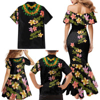 Hawaiian Lei Plumeria and Tropical Leaves Family Matching Mermaid Dress and Hawaiian Shirt Watercolor Style LT03 - Polynesian Pride