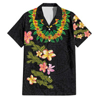 Hawaiian Lei Plumeria and Tropical Leaves Family Matching Mermaid Dress and Hawaiian Shirt Watercolor Style LT03 Dad's Shirt - Short Sleeve Black - Polynesian Pride