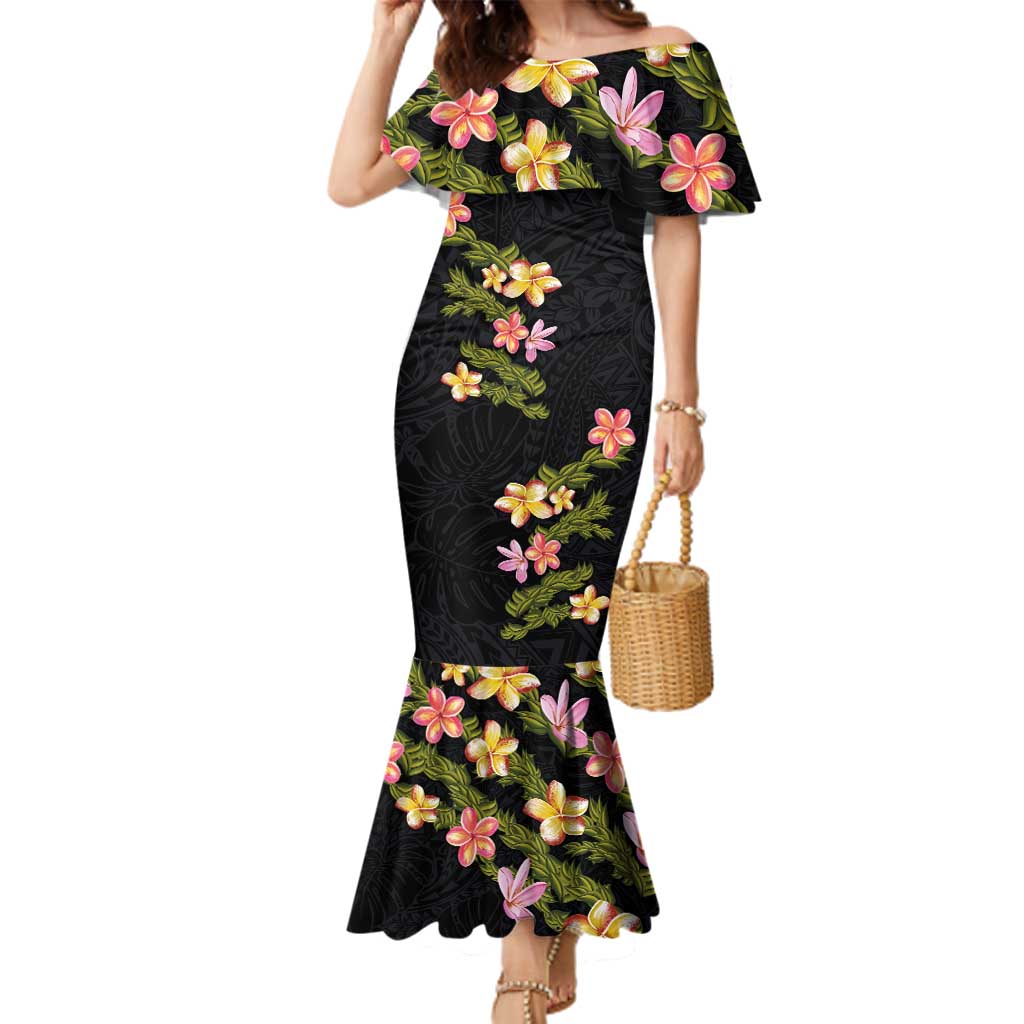 Hawaiian Lei Plumeria and Tropical Leaves Family Matching Mermaid Dress and Hawaiian Shirt Watercolor Style LT03 Mom's Dress Black - Polynesian Pride