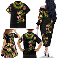 Hawaiian Lei Plumeria and Tropical Leaves Family Matching Off The Shoulder Long Sleeve Dress and Hawaiian Shirt Watercolor Style