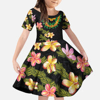 Hawaiian Lei Plumeria and Tropical Leaves Family Matching Off Shoulder Maxi Dress and Hawaiian Shirt Watercolor Style LT03 Daughter's Dress Black - Polynesian Pride
