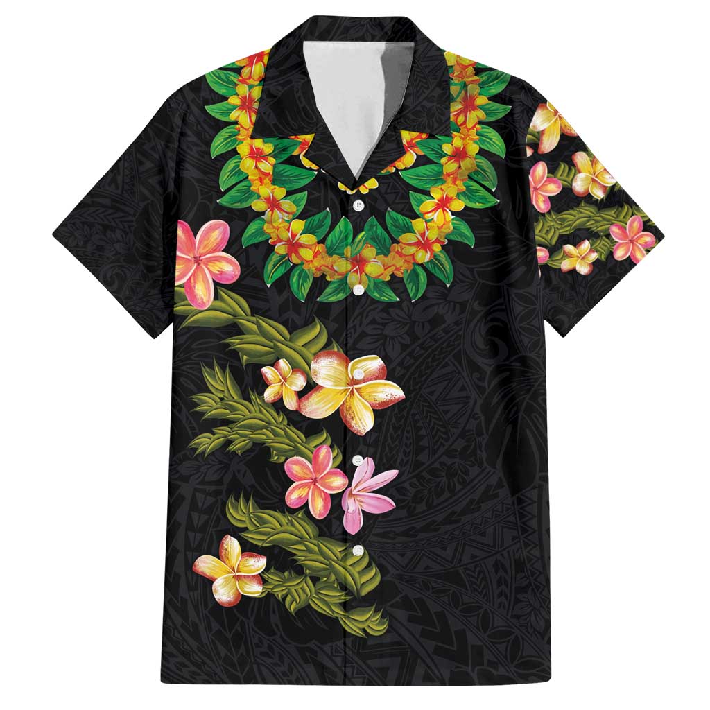 Hawaiian Lei Plumeria and Tropical Leaves Family Matching Off Shoulder Maxi Dress and Hawaiian Shirt Watercolor Style LT03 Dad's Shirt - Short Sleeve Black - Polynesian Pride