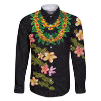 Hawaiian Lei Plumeria and Tropical Leaves Family Matching Off Shoulder Maxi Dress and Hawaiian Shirt Watercolor Style LT03 Dad's Shirt - Long Sleeve Black - Polynesian Pride