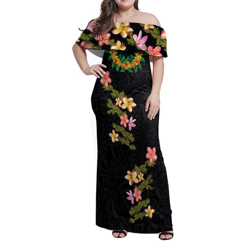Hawaiian Lei Plumeria and Tropical Leaves Family Matching Off Shoulder Maxi Dress and Hawaiian Shirt Watercolor Style LT03 Mom's Dress Black - Polynesian Pride
