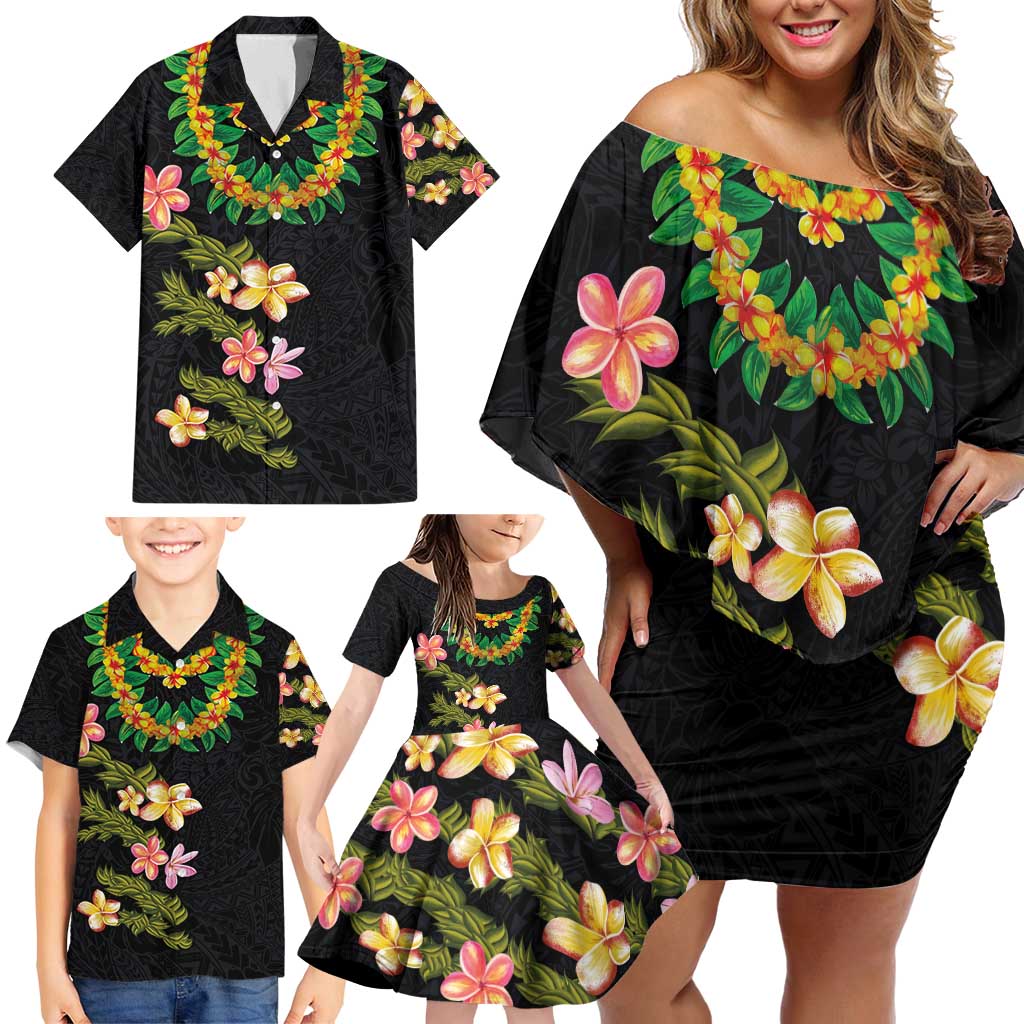Hawaiian Lei Plumeria and Tropical Leaves Family Matching Off Shoulder Short Dress and Hawaiian Shirt Watercolor Style