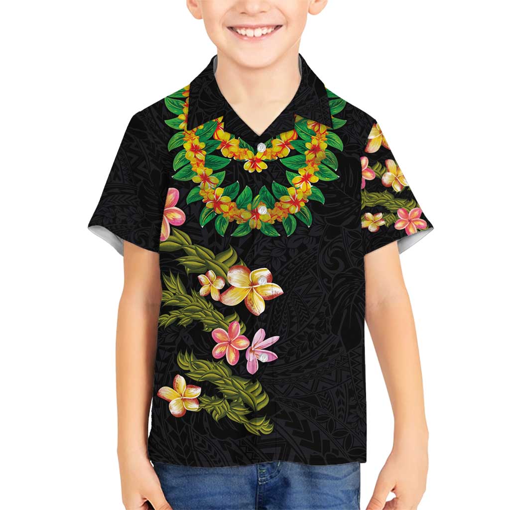 Hawaiian Lei Plumeria and Tropical Leaves Family Matching Puletasi and Hawaiian Shirt Watercolor Style LT03 Son's Shirt Black - Polynesian Pride
