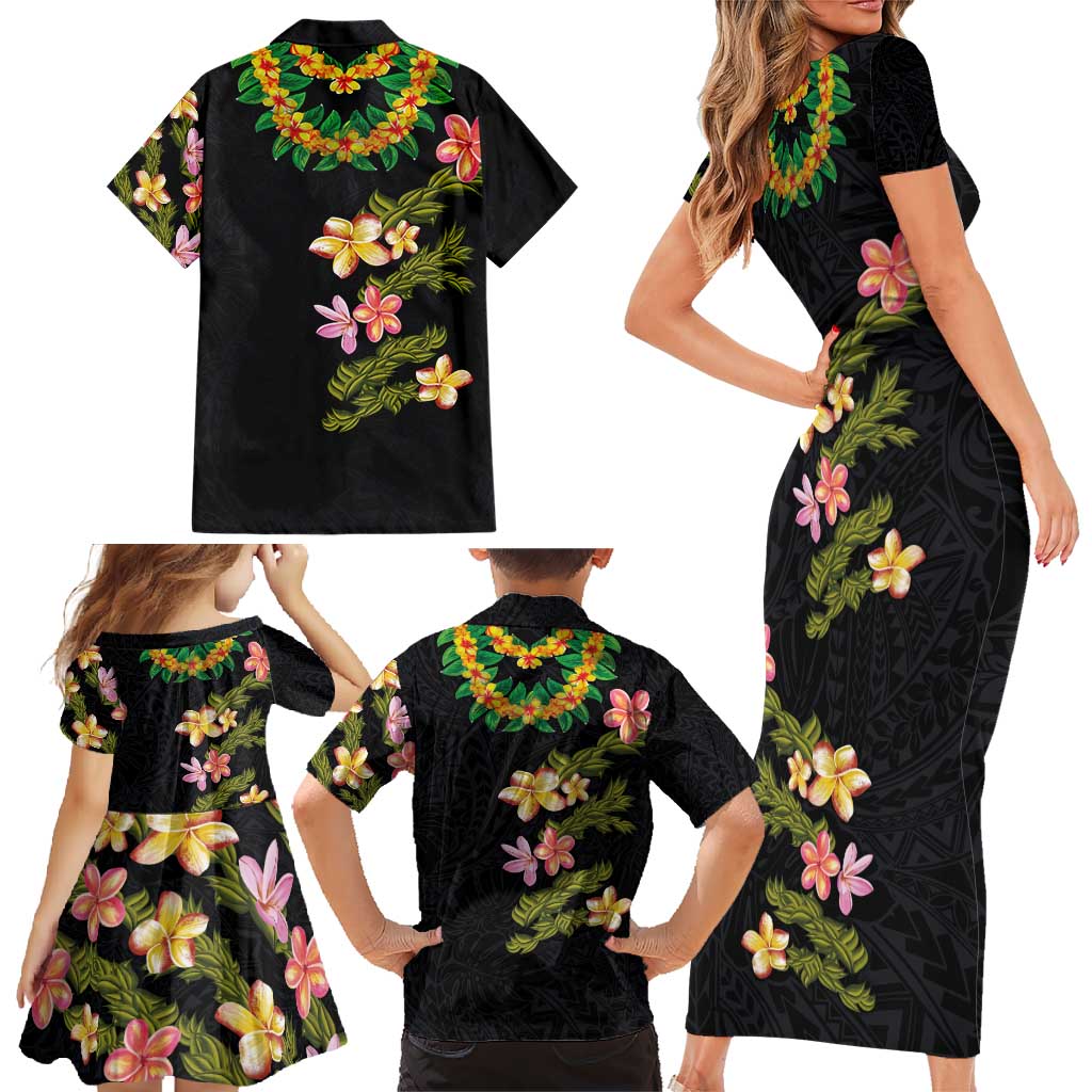 Hawaiian Lei Plumeria and Tropical Leaves Family Matching Short Sleeve Bodycon Dress and Hawaiian Shirt Watercolor Style