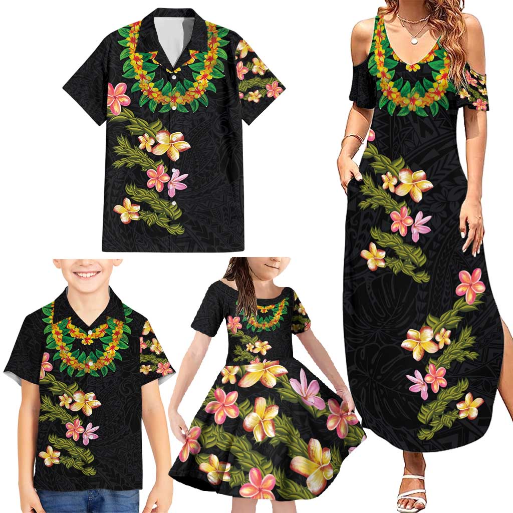 Hawaiian Lei Plumeria and Tropical Leaves Family Matching Summer Maxi Dress and Hawaiian Shirt Watercolor Style