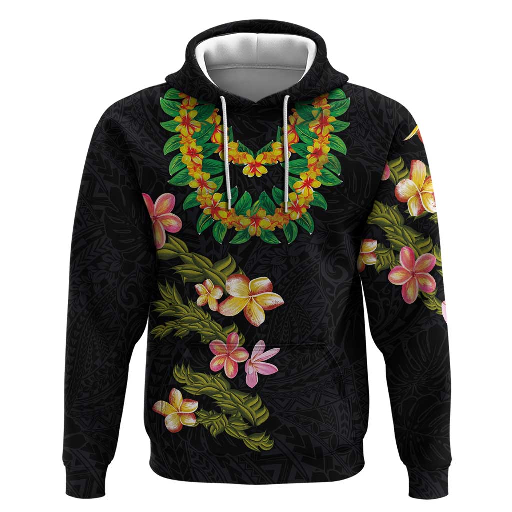 Hawaiian Lei Plumeria and Tropical Leaves Hoodie Watercolor Style LT03 Pullover Hoodie Black - Polynesian Pride