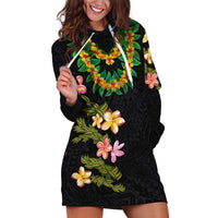 Hawaiian Lei Plumeria and Tropical Leaves Hoodie Dress Watercolor Style LT03 Black - Polynesian Pride