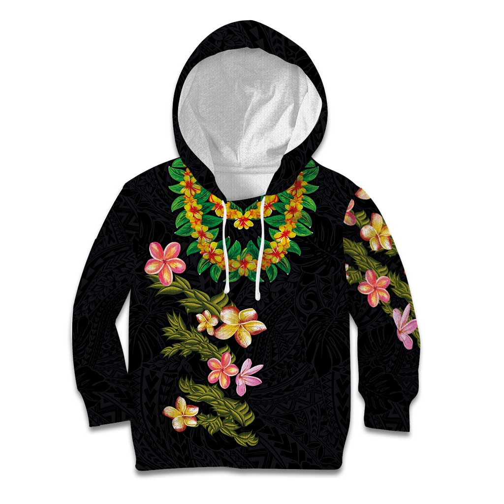 Hawaiian Lei Plumeria and Tropical Leaves Kid Hoodie Watercolor Style LT03 Hoodie Black - Polynesian Pride