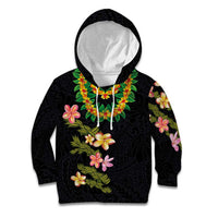 Hawaiian Lei Plumeria and Tropical Leaves Kid Hoodie Watercolor Style LT03 Hoodie Black - Polynesian Pride