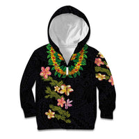 Hawaiian Lei Plumeria and Tropical Leaves Kid Hoodie Watercolor Style LT03 Zip Hoodie Black - Polynesian Pride