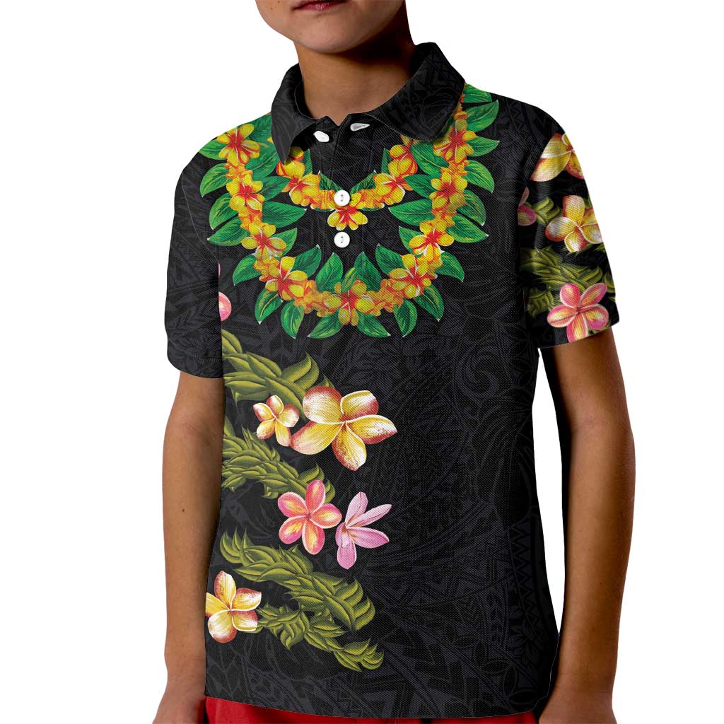 Hawaiian Lei Plumeria and Tropical Leaves Kid Polo Shirt Watercolor Style LT03 Kid Black - Polynesian Pride