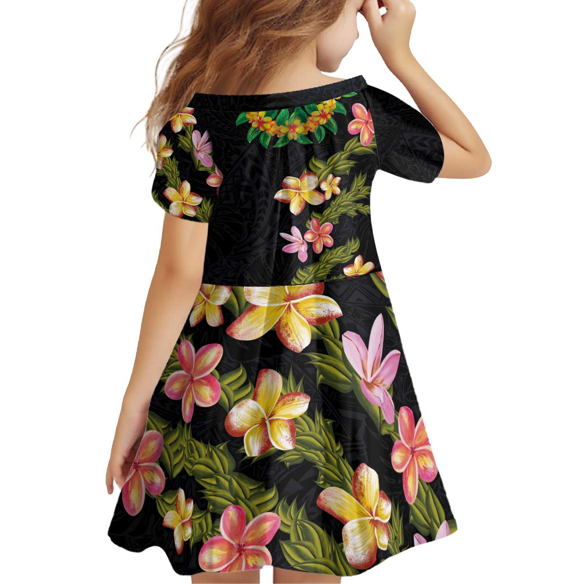 Hawaiian Lei Plumeria and Tropical Leaves Kid Short Sleeve Dress Watercolor Style LT03 - Polynesian Pride