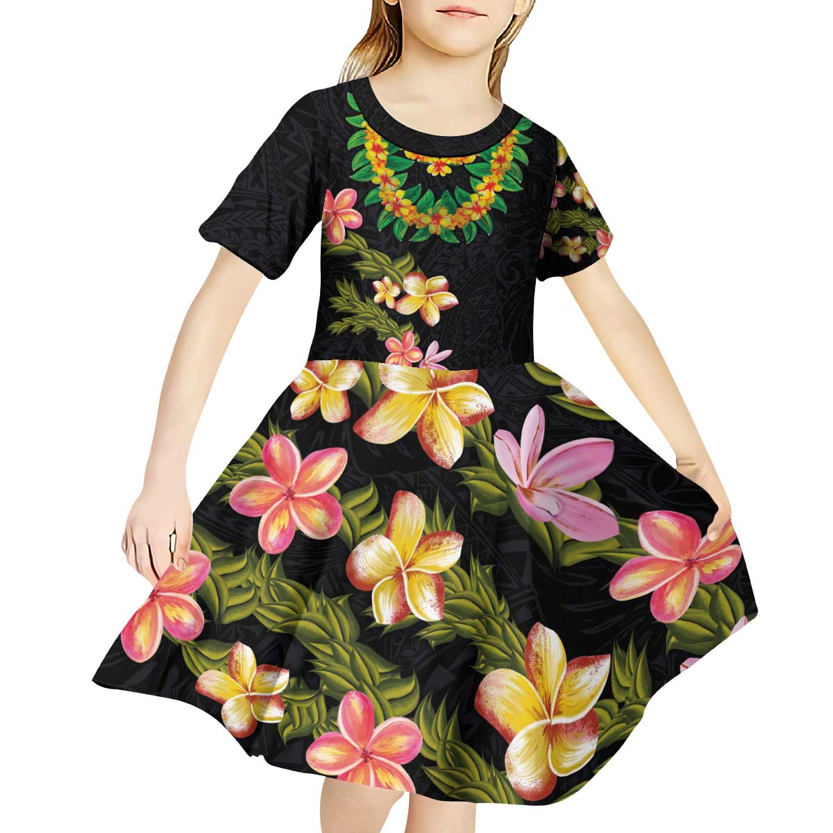 Hawaiian Lei Plumeria and Tropical Leaves Kid Short Sleeve Dress Watercolor Style LT03 - Polynesian Pride