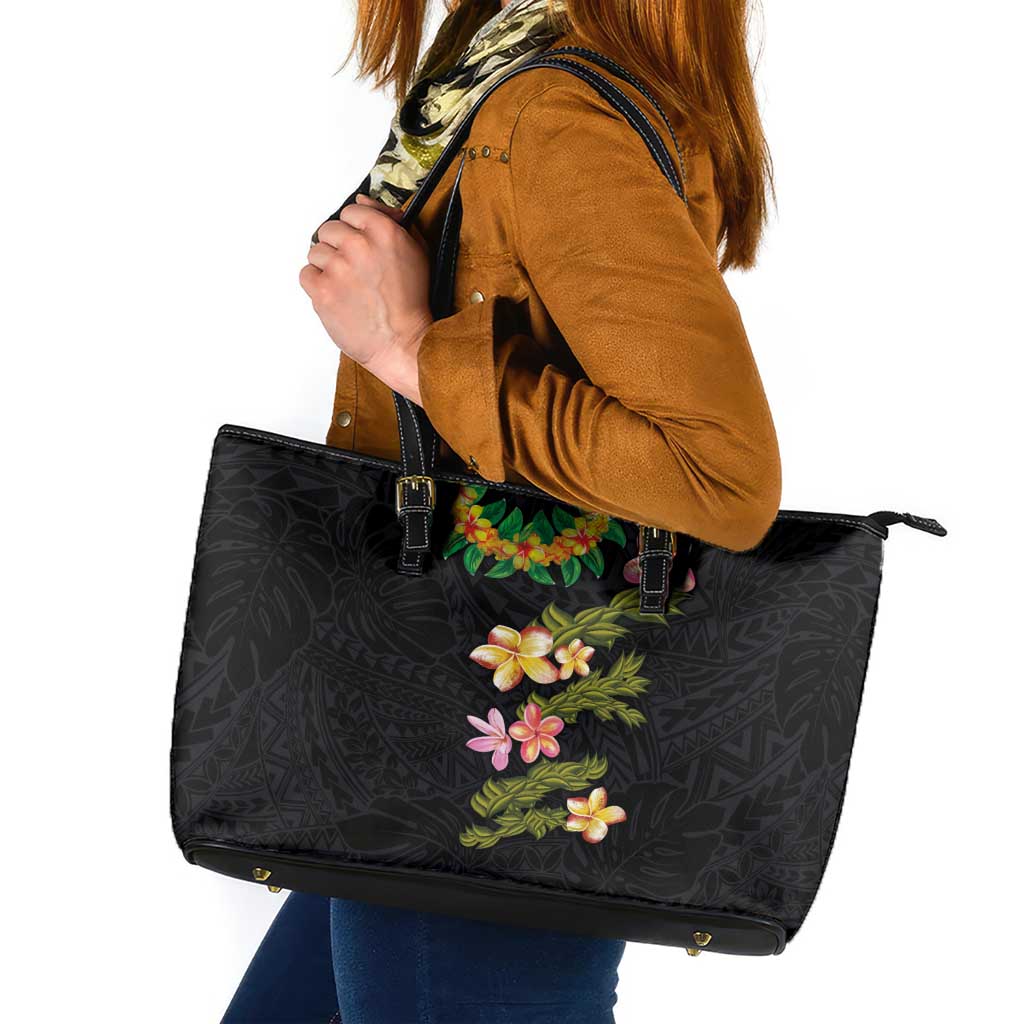 Hawaiian Lei Plumeria and Tropical Leaves Leather Tote Bag Watercolor Style LT03 Black - Polynesian Pride