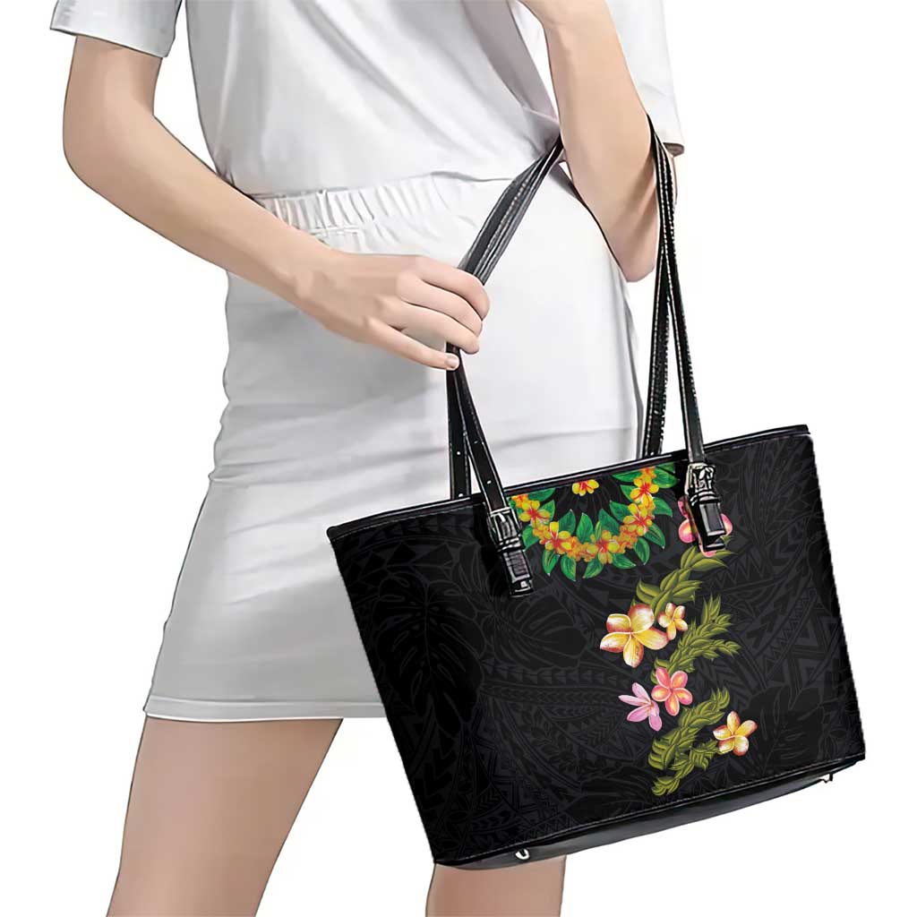 Hawaiian Lei Plumeria and Tropical Leaves Leather Tote Bag Watercolor Style LT03 - Polynesian Pride