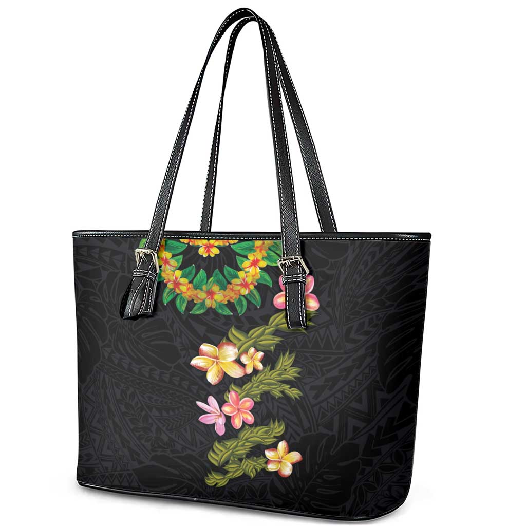 Hawaiian Lei Plumeria and Tropical Leaves Leather Tote Bag Watercolor Style LT03 - Polynesian Pride