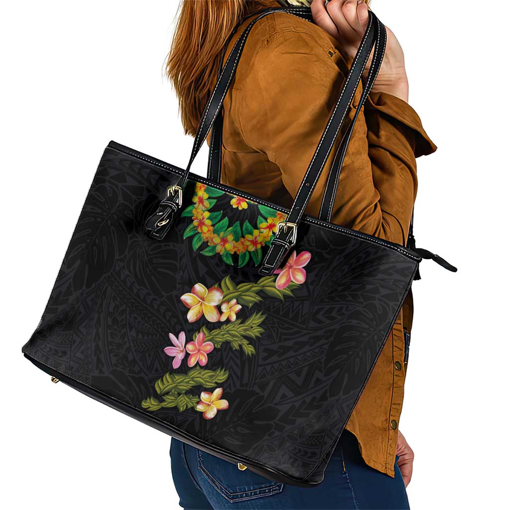 Hawaiian Lei Plumeria and Tropical Leaves Leather Tote Bag Watercolor Style LT03 - Polynesian Pride