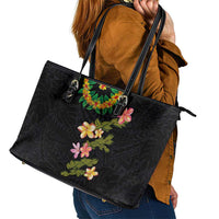Hawaiian Lei Plumeria and Tropical Leaves Leather Tote Bag Watercolor Style LT03 - Polynesian Pride