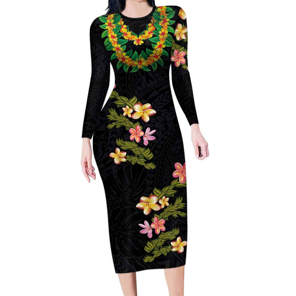 Hawaiian Lei Plumeria and Tropical Leaves Long Sleeve Bodycon Dress Watercolor Style LT03 Long Dress Black - Polynesian Pride