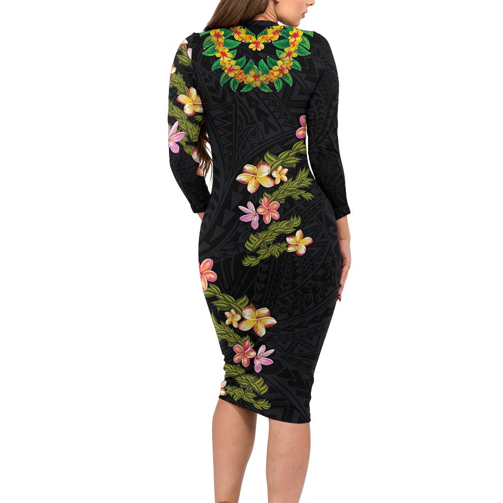 Hawaiian Lei Plumeria and Tropical Leaves Long Sleeve Bodycon Dress Watercolor Style LT03 - Polynesian Pride