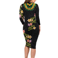 Hawaiian Lei Plumeria and Tropical Leaves Long Sleeve Bodycon Dress Watercolor Style LT03 - Polynesian Pride