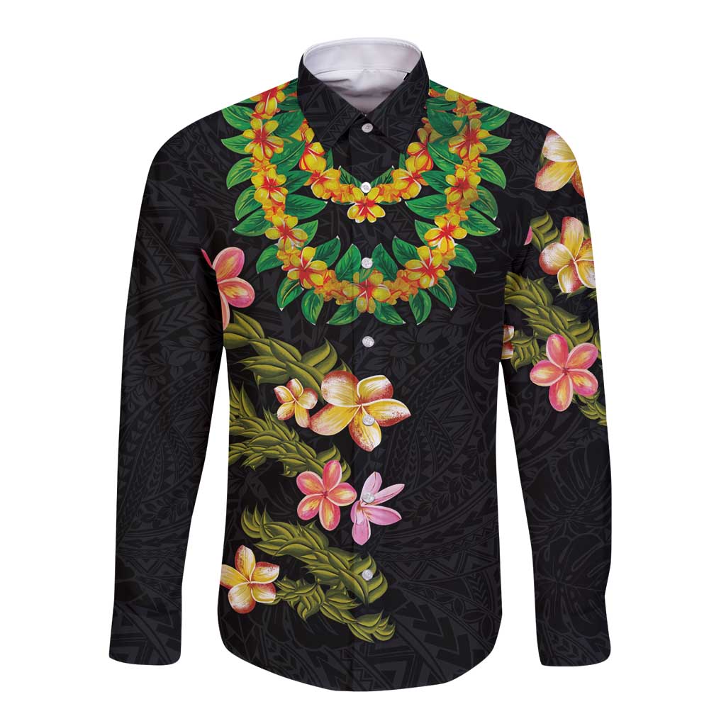 Hawaiian Lei Plumeria and Tropical Leaves Long Sleeve Button Shirt Watercolor Style