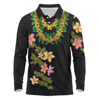 Hawaiian Lei Plumeria and Tropical Leaves Long Sleeve Polo Shirt Watercolor Style LT03 Black - Polynesian Pride