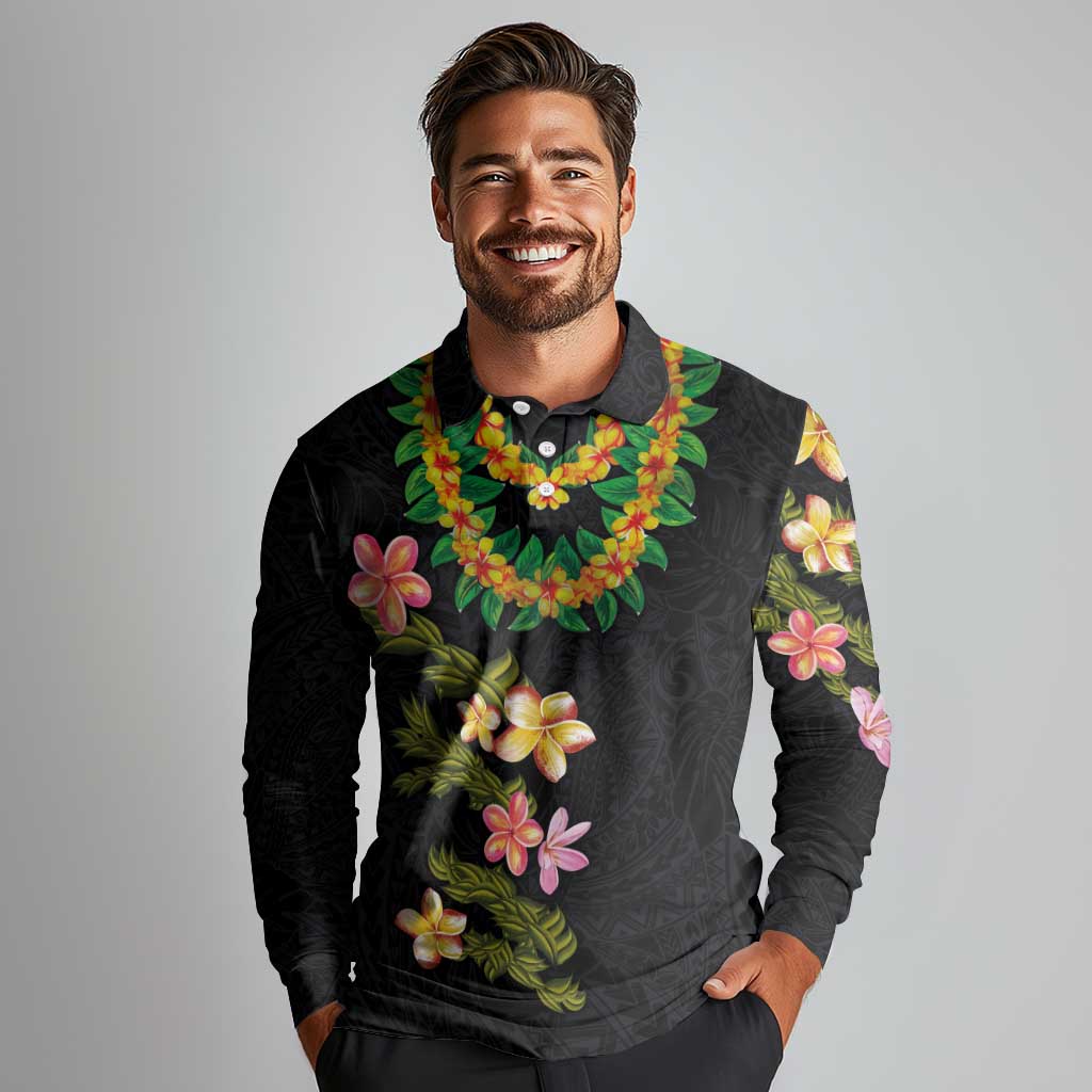 Hawaiian Lei Plumeria and Tropical Leaves Long Sleeve Polo Shirt Watercolor Style LT03 - Polynesian Pride
