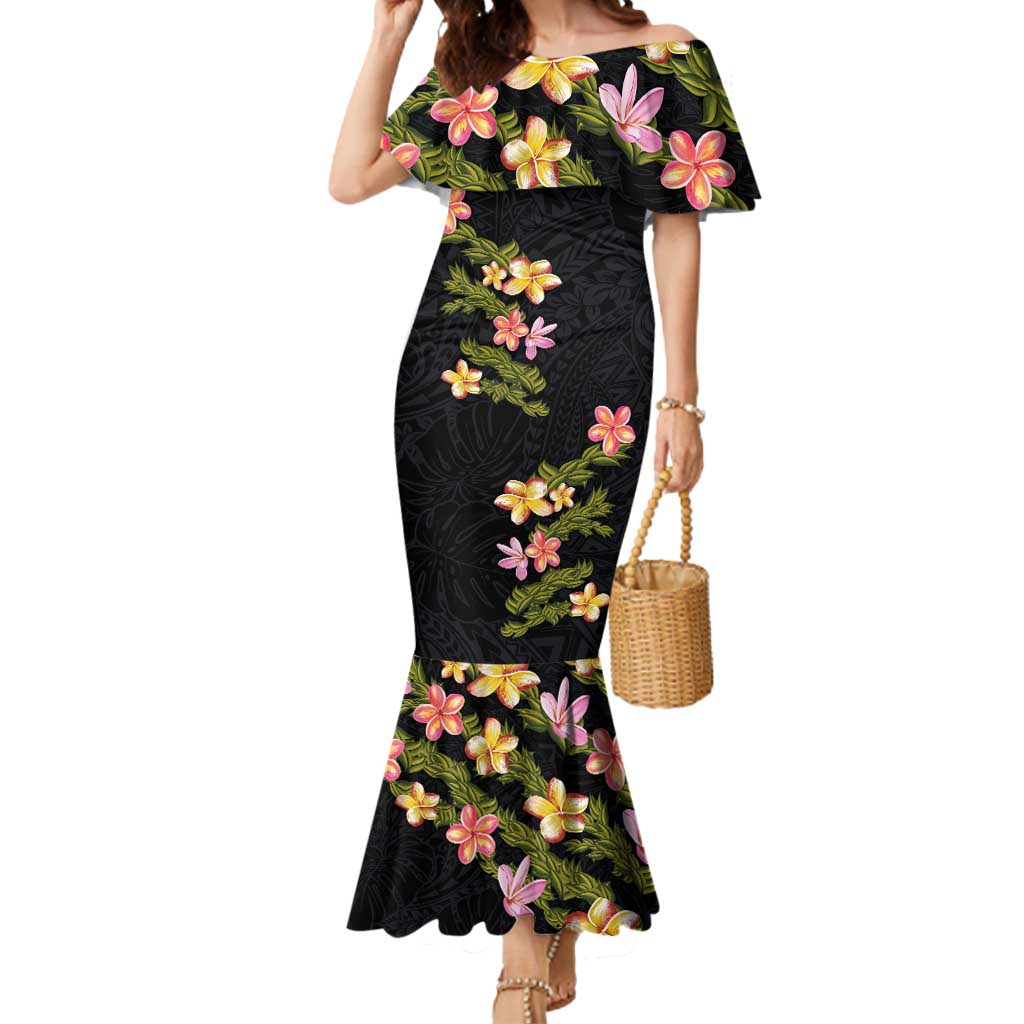 Hawaiian Lei Plumeria and Tropical Leaves Mermaid Dress Watercolor Style LT03 Women Black - Polynesian Pride