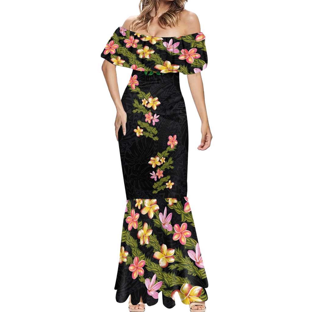 Hawaiian Lei Plumeria and Tropical Leaves Mermaid Dress Watercolor Style LT03 - Polynesian Pride