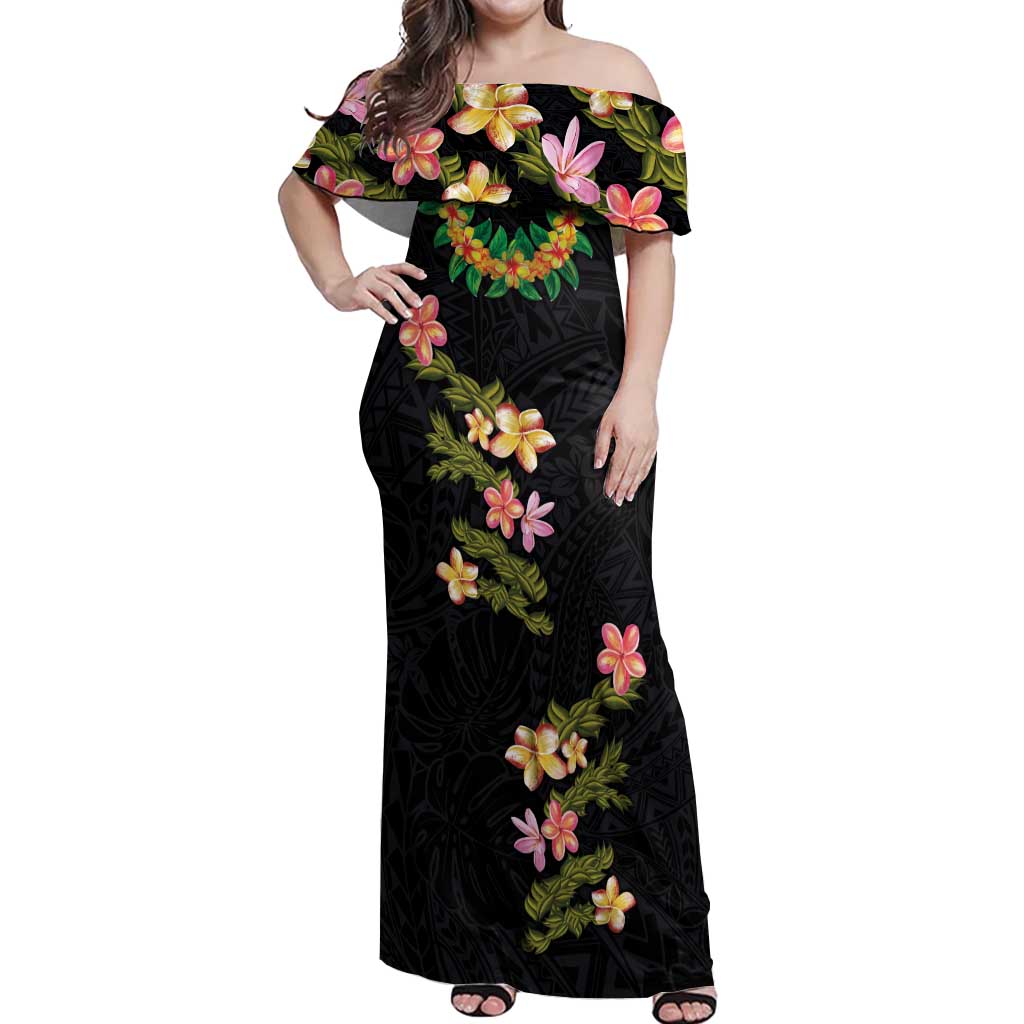 Hawaiian Lei Plumeria and Tropical Leaves Off Shoulder Maxi Dress Watercolor Style LT03 Women Black - Polynesian Pride