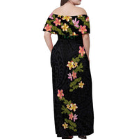 Hawaiian Lei Plumeria and Tropical Leaves Off Shoulder Maxi Dress Watercolor Style LT03 - Polynesian Pride