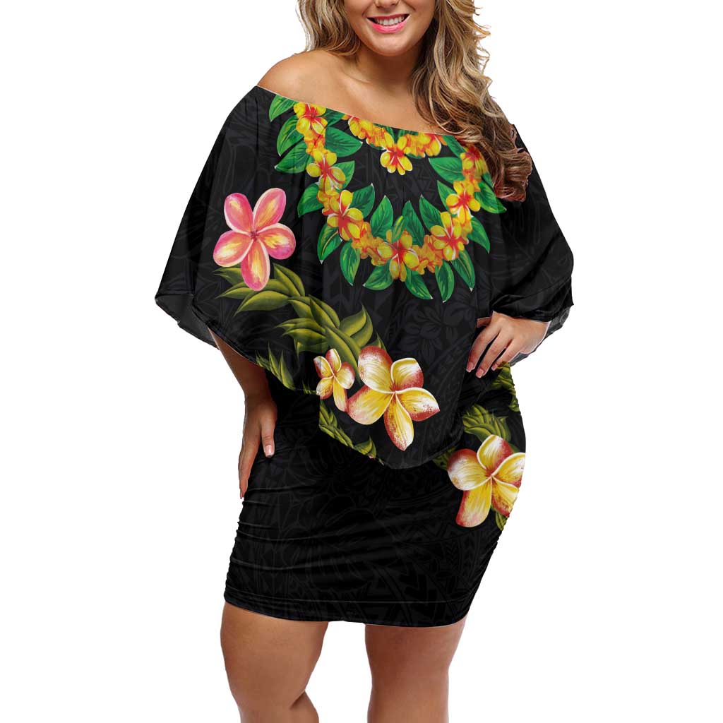 Hawaiian Lei Plumeria and Tropical Leaves Off Shoulder Short Dress Watercolor Style LT03 Women Black - Polynesian Pride
