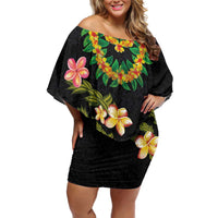 Hawaiian Lei Plumeria and Tropical Leaves Off Shoulder Short Dress Watercolor Style LT03 Women Black - Polynesian Pride