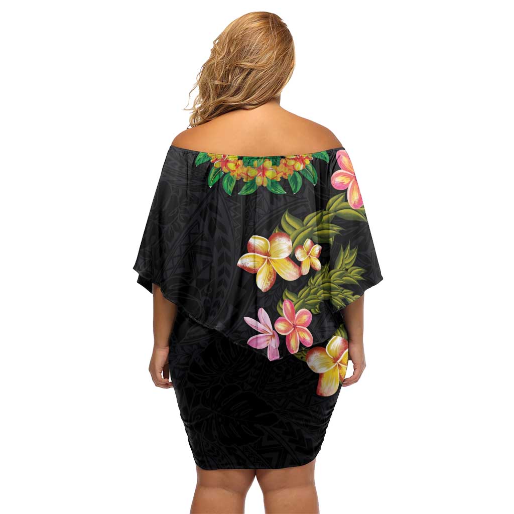 Hawaiian Lei Plumeria and Tropical Leaves Off Shoulder Short Dress Watercolor Style LT03 - Polynesian Pride
