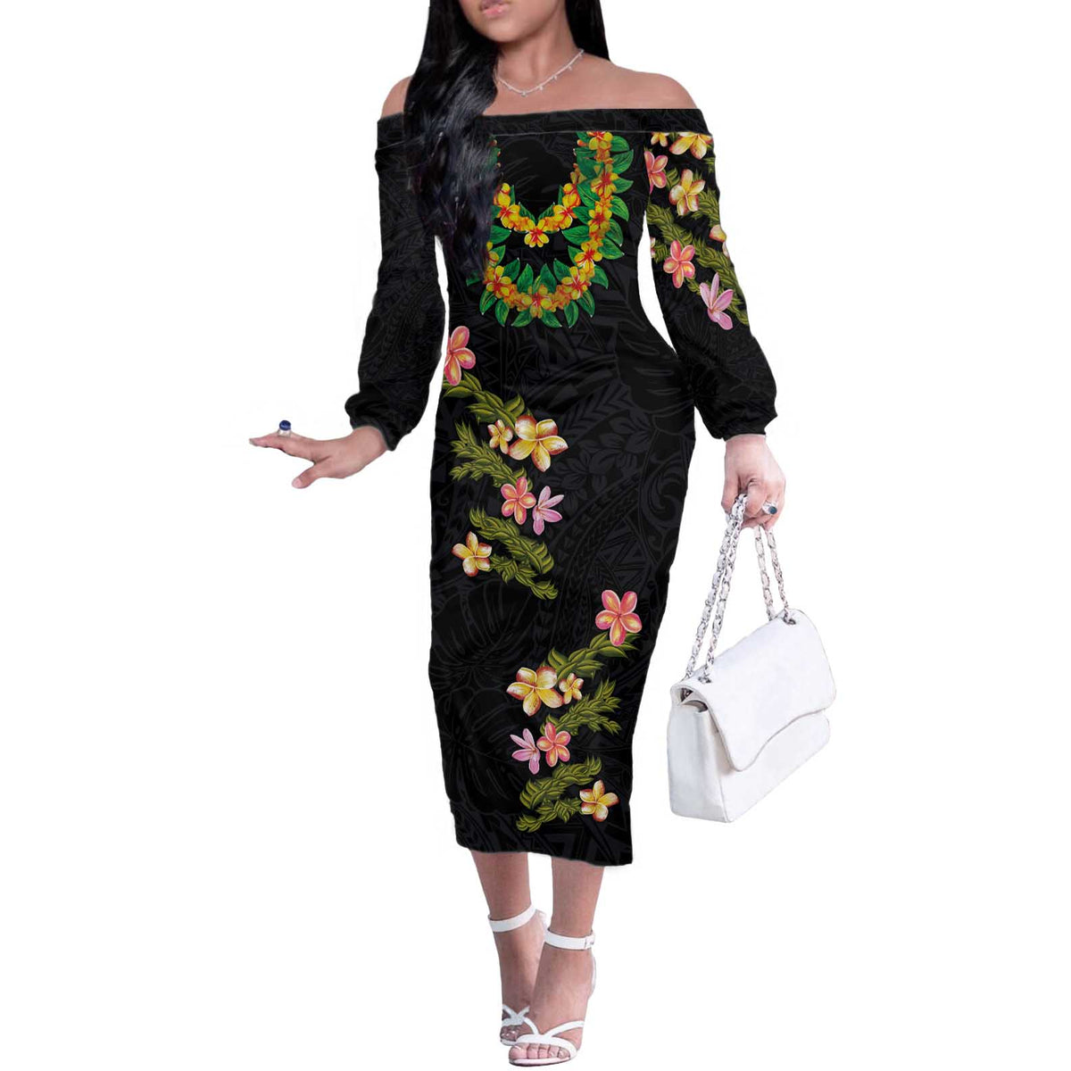 Hawaiian Lei Plumeria and Tropical Leaves Off The Shoulder Long Sleeve Dress Watercolor Style LT03 Women Black - Polynesian Pride