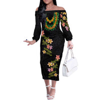 Hawaiian Lei Plumeria and Tropical Leaves Off The Shoulder Long Sleeve Dress Watercolor Style LT03 Women Black - Polynesian Pride