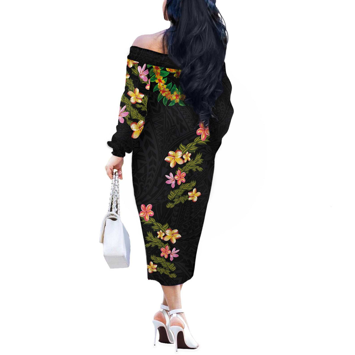 Hawaiian Lei Plumeria and Tropical Leaves Off The Shoulder Long Sleeve Dress Watercolor Style LT03 - Polynesian Pride