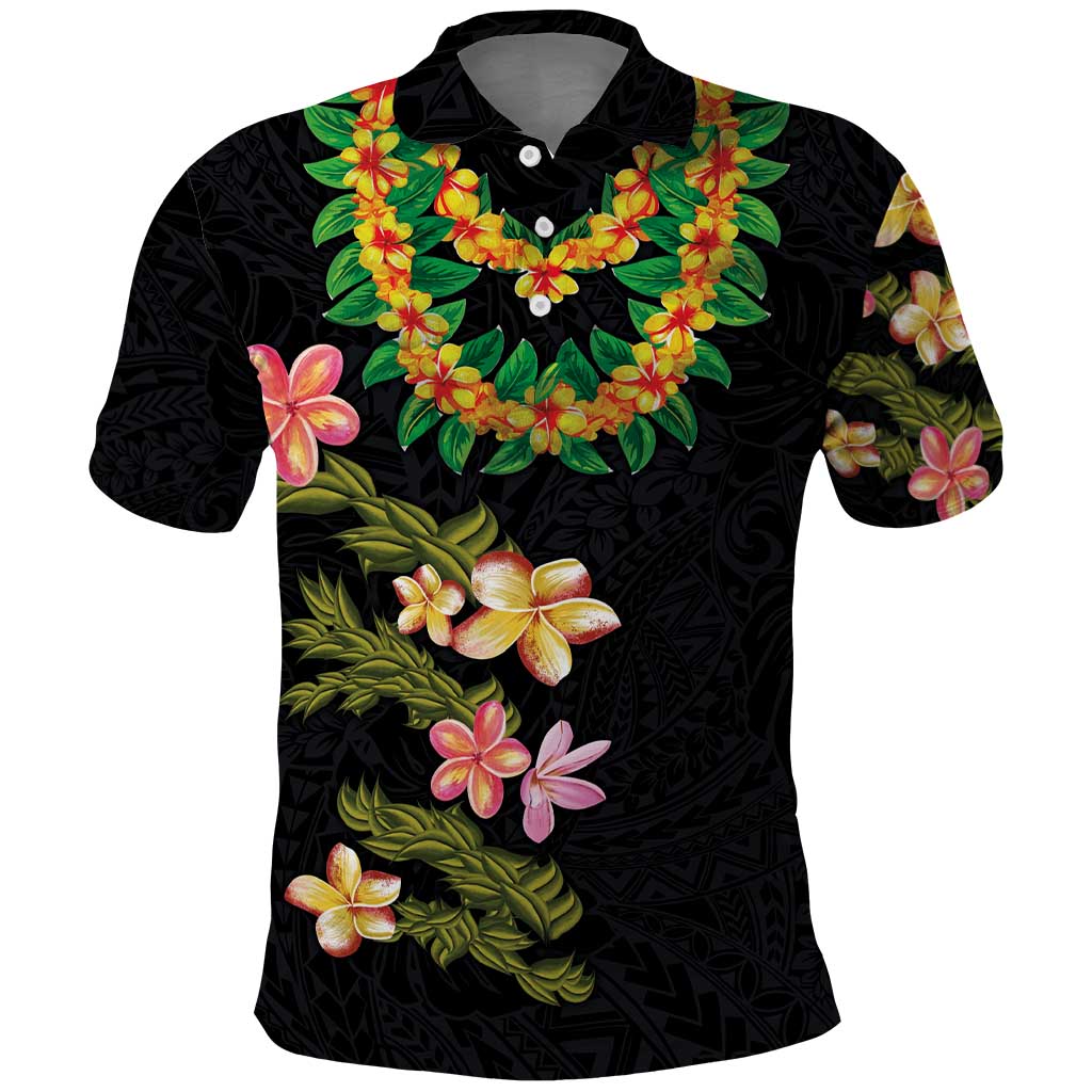 Hawaiian Lei Plumeria and Tropical Leaves Polo Shirt Watercolor Style LT03 Black - Polynesian Pride