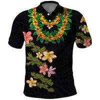 Hawaiian Lei Plumeria and Tropical Leaves Polo Shirt Watercolor Style LT03 Black - Polynesian Pride