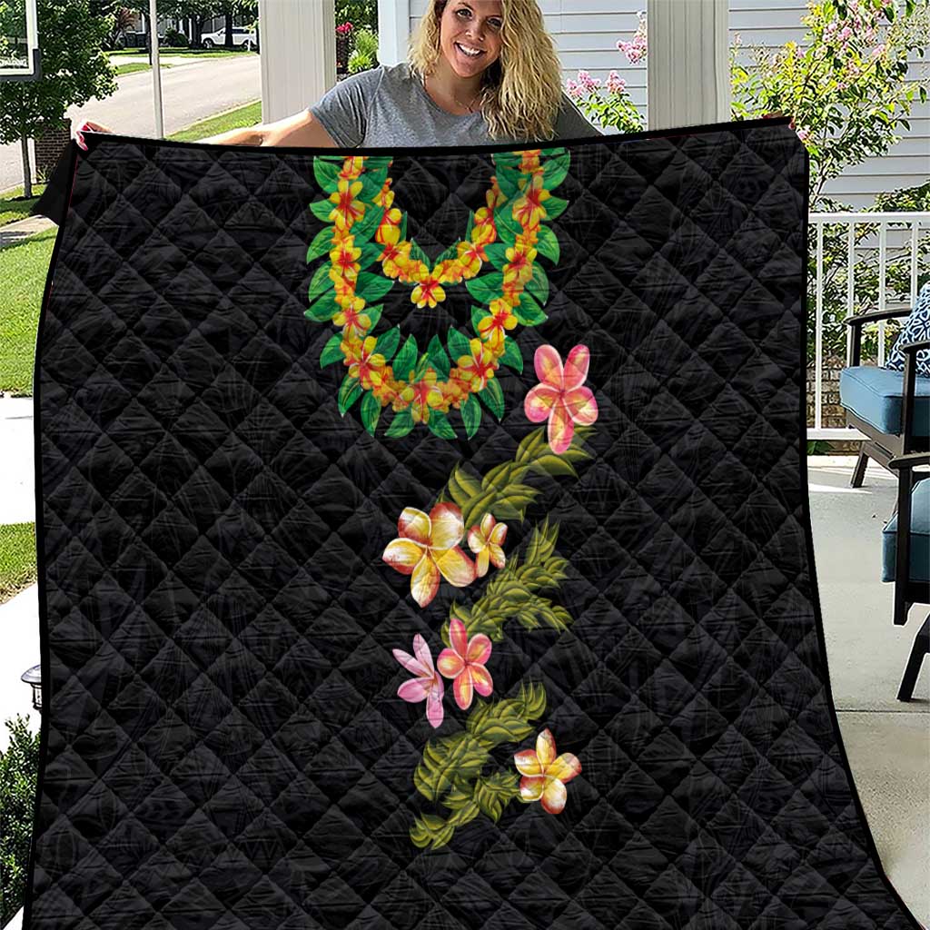 Hawaiian Lei Plumeria and Tropical Leaves Quilt Watercolor Style LT03 Black - Polynesian Pride