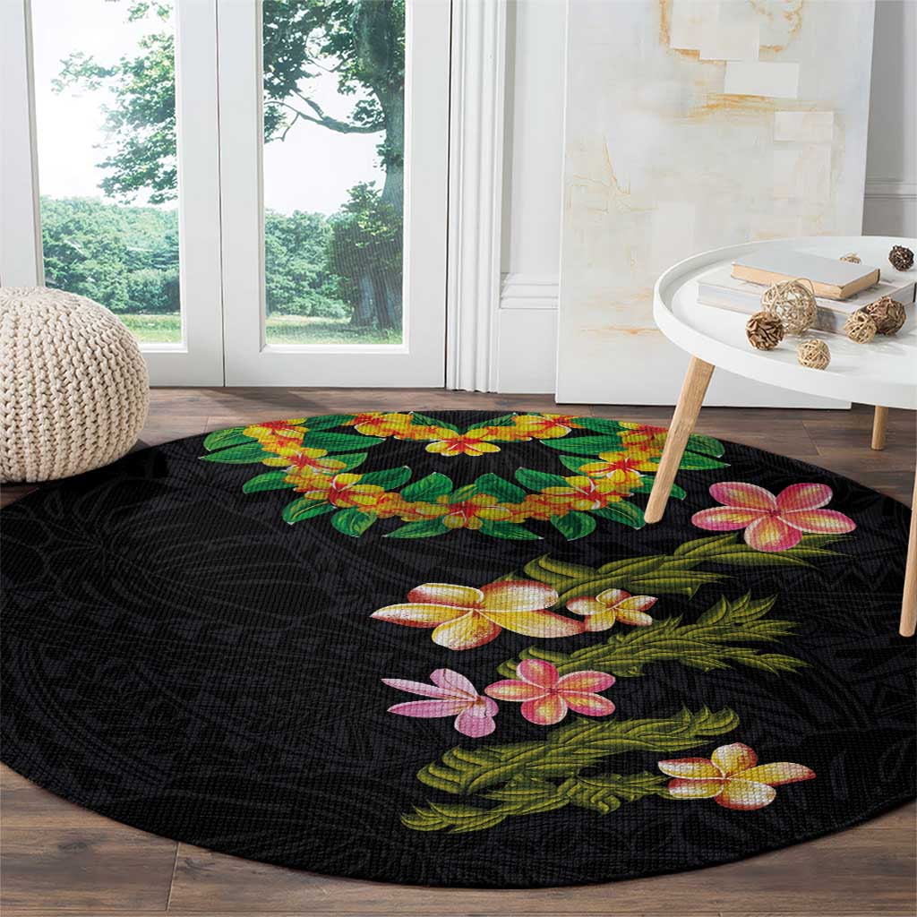 Hawaiian Lei Plumeria and Tropical Leaves Round Carpet Watercolor Style