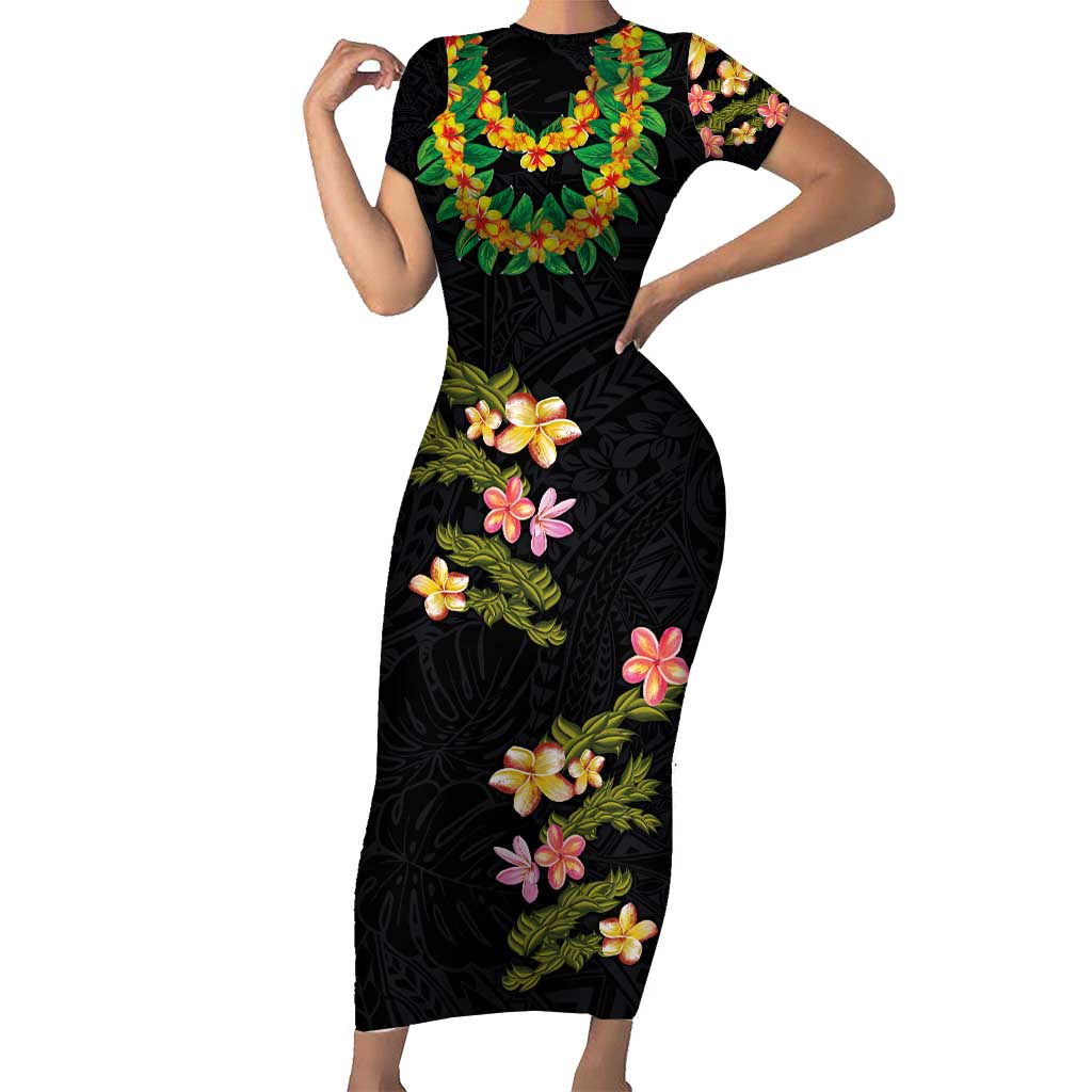 Hawaiian Lei Plumeria and Tropical Leaves Short Sleeve Bodycon Dress Watercolor Style LT03 Long Dress Black - Polynesian Pride