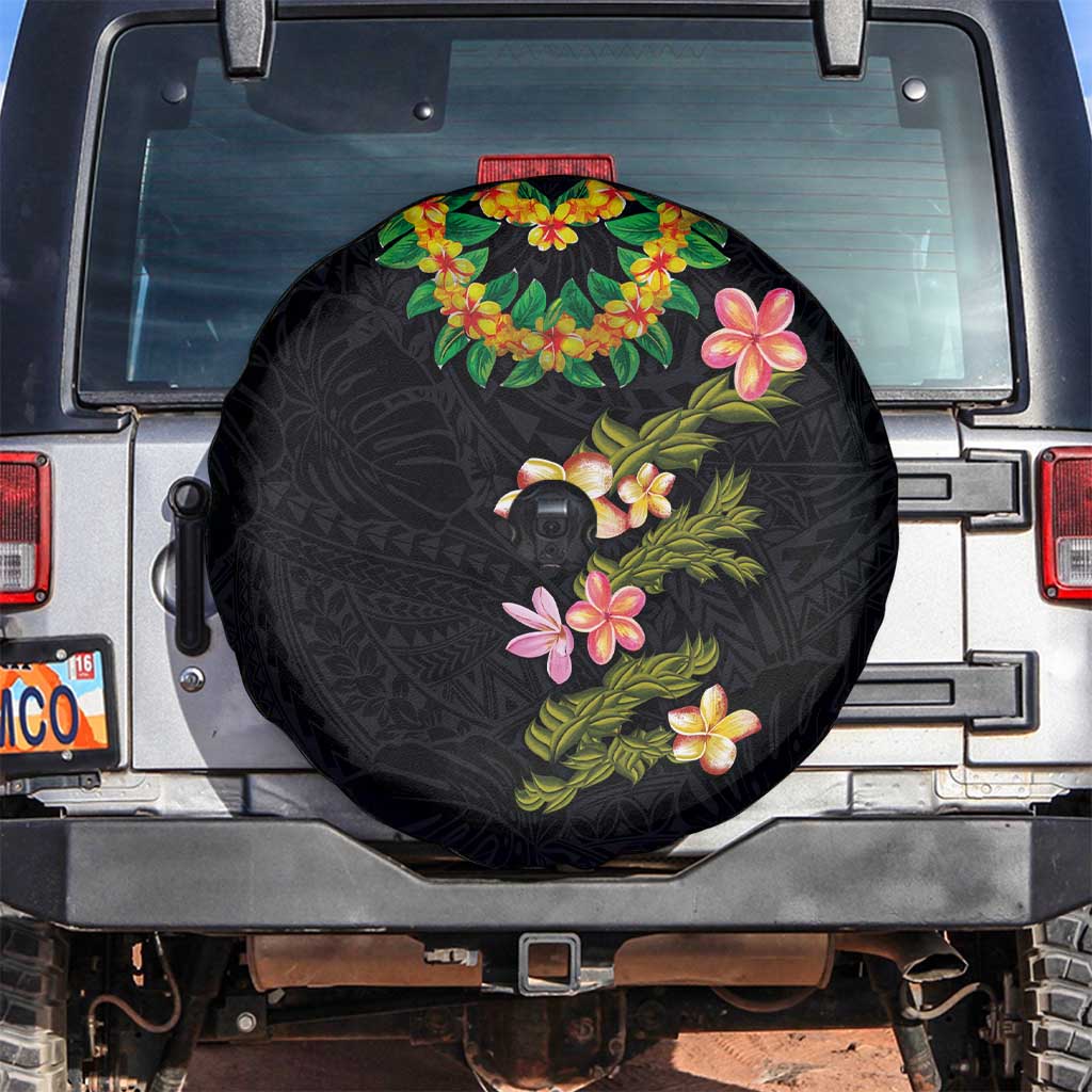 Hawaiian Lei Plumeria and Tropical Leaves Spare Tire Cover Watercolor Style LT03 Black - Polynesian Pride