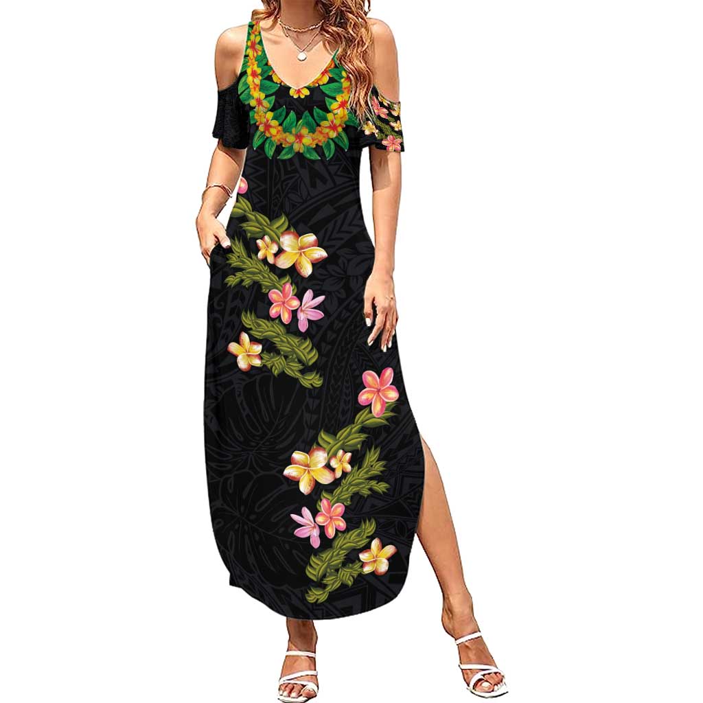 Hawaiian Lei Plumeria and Tropical Leaves Summer Maxi Dress Watercolor Style LT03 Women Black - Polynesian Pride