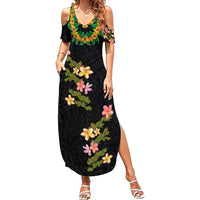 Hawaiian Lei Plumeria and Tropical Leaves Summer Maxi Dress Watercolor Style LT03 Women Black - Polynesian Pride